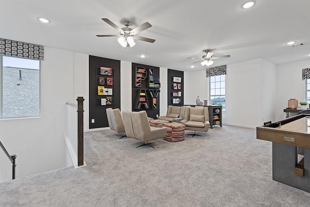 9305 Derry Ln, Aubrey, TX 76227 - living room featuring carpet, recessed lighting, ceiling fan, and baseboards