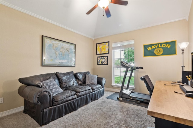 1300 Darbyton Dr, Hewitt, TX 76643 - carpeted office featuring ceiling fan, baseboards, lofted ceiling, and crown molding
