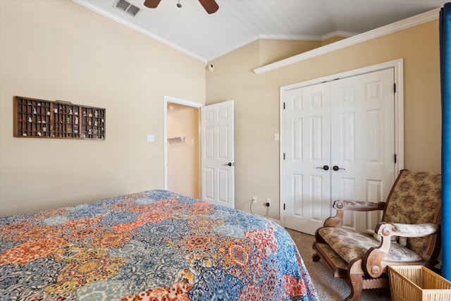 1300 Darbyton Dr, Hewitt, TX 76643 - carpeted bedroom with crown molding, vaulted ceiling, ceiling fan, and a closet