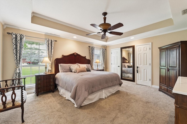 1300 Darbyton Dr, Hewitt, TX 76643 - bedroom with a tray ceiling, multiple windows, light colored carpet, crown molding, and recessed lighting