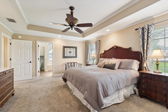1300 Darbyton Dr, Hewitt, TX 76643 - bedroom with a raised ceiling, crown molding, carpet flooring, recessed lighting, and baseboards