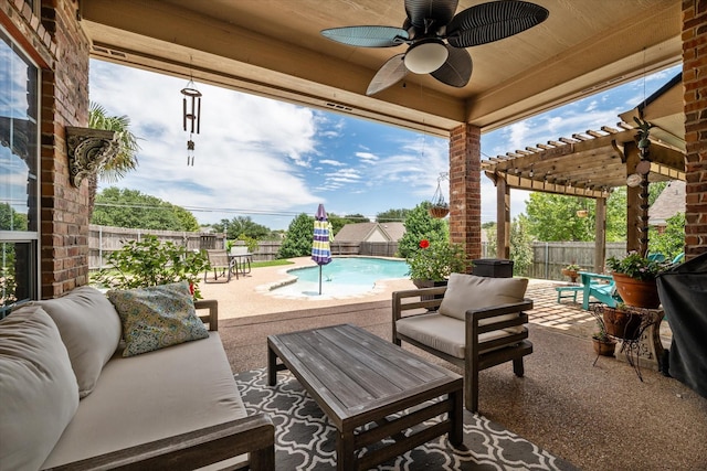 1300 Darbyton Dr, Hewitt, TX 76643 - fenced backyard with an outdoor hangout area, a pergola, a patio area, and ceiling fan