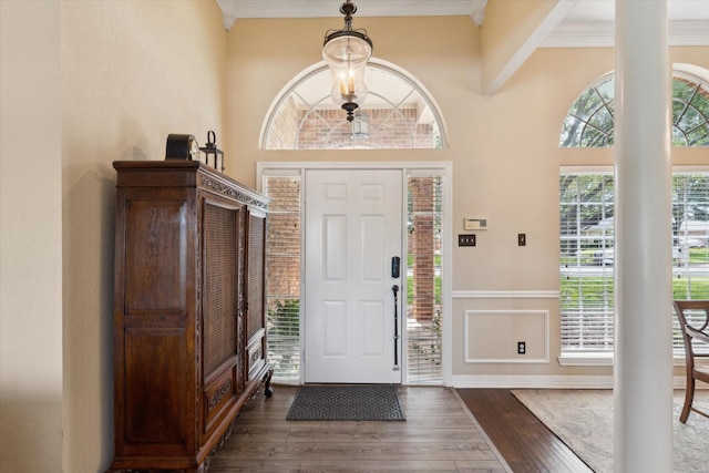 1300 Darbyton Dr, Hewitt, TX 76643 - entryway with dark wood-style floors, ornamental molding, and a high ceiling