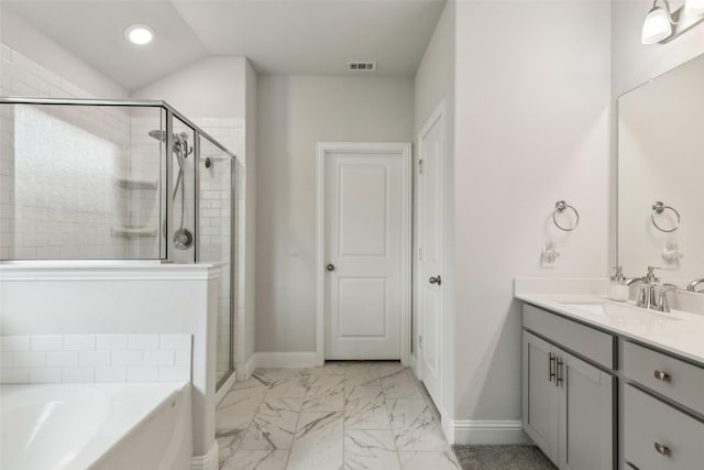 1224 Johnson Dr, Celina, TX 75009 - bathroom featuring vanity, a stall shower, a garden tub, marble look tile flooring, and baseboards