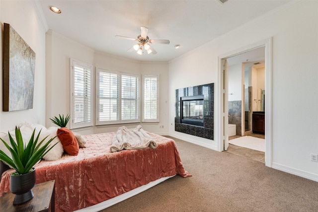 1400 Clarinet Ln, Plano, TX 75074 - carpeted bedroom featuring ornamental molding, recessed lighting, baseboards, ensuite bath, and ceiling fan