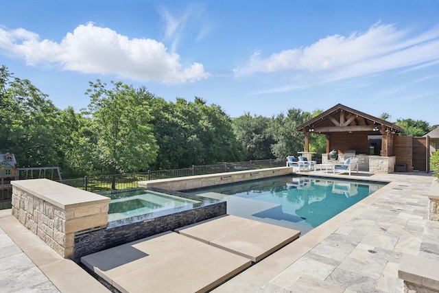 163 Las Colinas Trl, Cross Roads, TX 76227 - view of pool with an in-ground hot tub, a gazebo, a patio area, a fenced backyard, and a bar