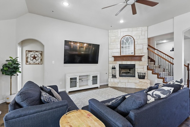 163 Las Colinas Trl, Cross Roads, TX 76227 - living room with ceiling fan, wood finished floors, baseboards, recessed lighting, and lofted ceiling