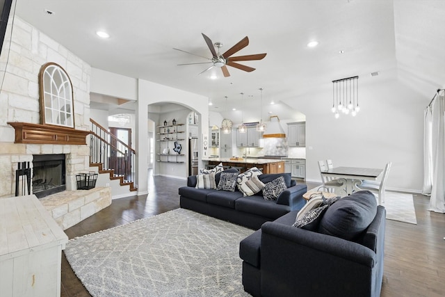 163 Las Colinas Trl, Cross Roads, TX 76227 - living area with a ceiling fan, a fireplace, dark wood finished floors, baseboards, and recessed lighting