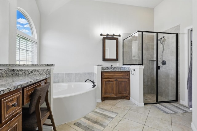 163 Las Colinas Trl, Cross Roads, TX 76227 - full bath featuring a stall shower, vanity, a bath, and tile patterned flooring