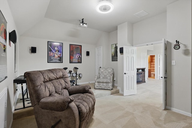 163 Las Colinas Trl, Cross Roads, TX 76227 - cinema room with lofted ceiling, light carpet, a fireplace, and baseboards