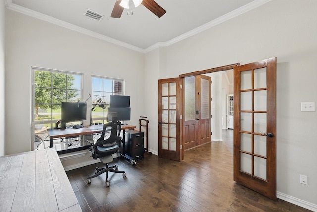 163 Las Colinas Trl, Cross Roads, TX 76227 - office area featuring french doors, dark wood-style flooring, ornamental molding, a ceiling fan, and baseboards