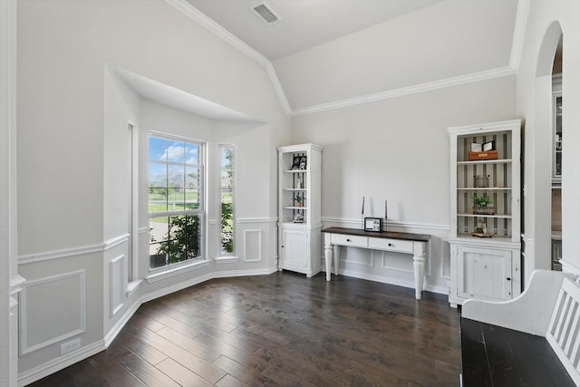 163 Las Colinas Trl, Cross Roads, TX 76227 - interior space featuring lofted ceiling, a wainscoted wall, crown molding, dark wood-type flooring, and arched walkways