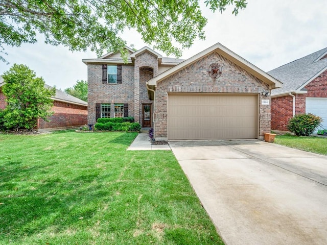 8924 Holliday Ln, Aubrey, TX 76227 - traditional-style house with brick siding, concrete driveway, a front yard, and an attached garage