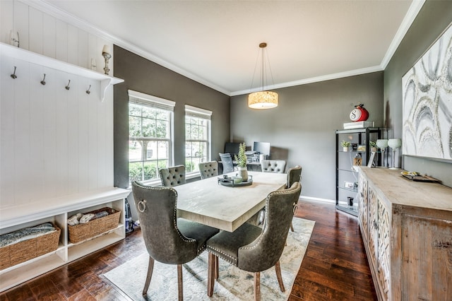 8924 Holliday Ln, Aubrey, TX 76227 - dining space with ornamental molding, dark wood finished floors, and baseboards