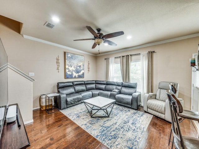 8924 Holliday Ln, Aubrey, TX 76227 - living area featuring ornamental molding, a ceiling fan, wood-type flooring, baseboards, and recessed lighting