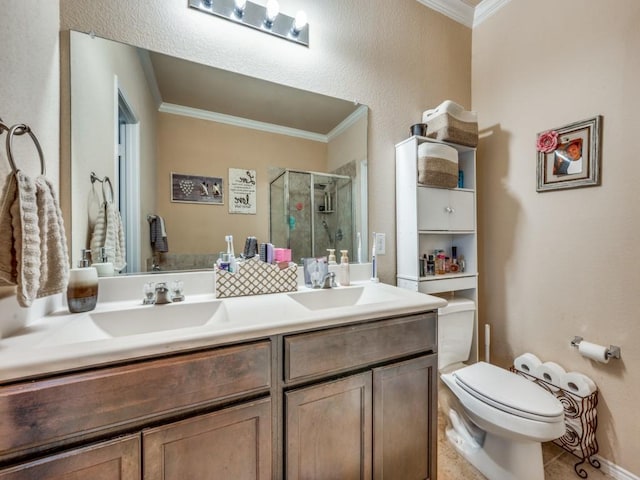 8924 Holliday Ln, Aubrey, TX 76227 - full bath with crown molding, a stall shower, double vanity, and toilet