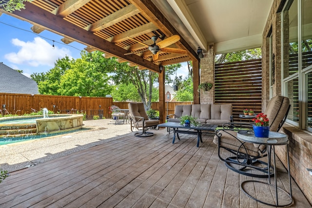 8905 Glen Garden Dr, Mckinney, TX 75072 - deck with a fenced backyard, an outdoor hangout area, a hot tub, and ceiling fan