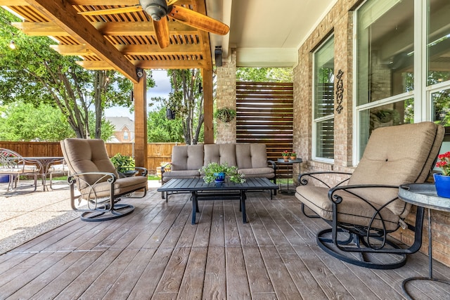 8905 Glen Garden Dr, Mckinney, TX 75072 - deck with an outdoor living space, a fenced backyard, and ceiling fan