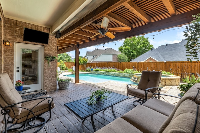 8905 Glen Garden Dr, Mckinney, TX 75072 - fenced backyard featuring a deck, a hot tub, and ceiling fan