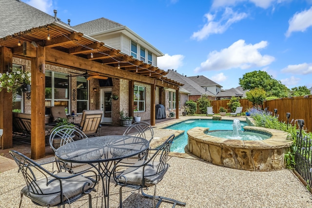 8905 Glen Garden Dr, Mckinney, TX 75072 - view of swimming pool with a fenced backyard, ceiling fan, a patio, a pergola, and outdoor dining space