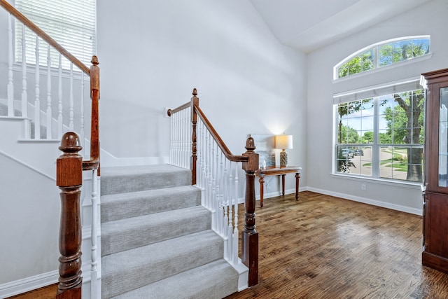 8905 Glen Garden Dr, Mckinney, TX 75072 - entryway featuring stairway, wood finished floors, baseboards, and a towering ceiling