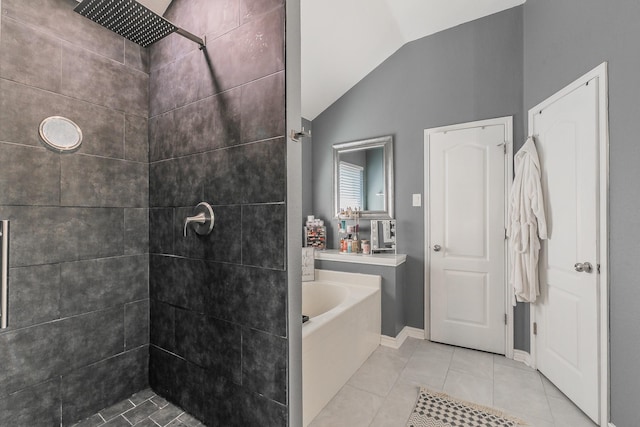 4408 Ashbury Ln, Mansfield, TX 76063 - full bath with vaulted ceiling, a bath, tiled shower, and tile patterned floors