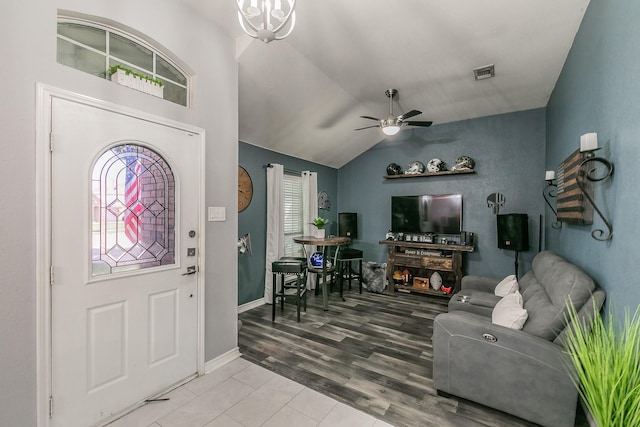 4408 Ashbury Ln, Mansfield, TX 76063 - foyer entrance with ceiling fan, vaulted ceiling, baseboards, wood finished floors, and a chandelier