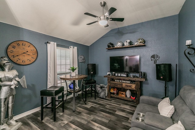 4408 Ashbury Ln, Mansfield, TX 76063 - living room with a ceiling fan, vaulted ceiling, wood finished floors, and baseboards