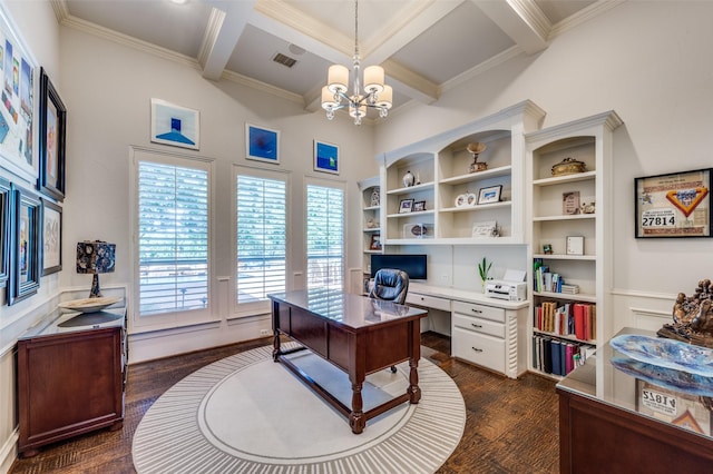 2458 W Creek Dr, Frisco, TX 75033 - office space with dark wood-style flooring, beam ceiling, a chandelier, crown molding, and coffered ceiling