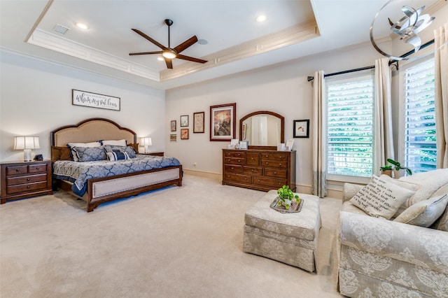2458 W Creek Dr, Frisco, TX 75033 - carpeted bedroom featuring a raised ceiling, crown molding, ceiling fan, baseboards, and recessed lighting