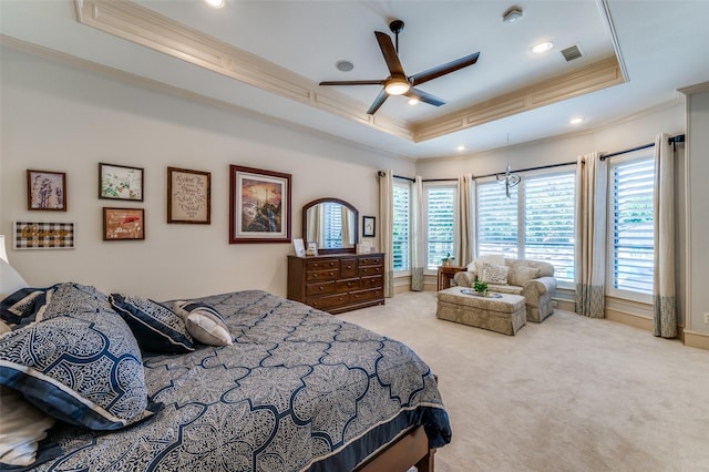 2458 W Creek Dr, Frisco, TX 75033 - carpeted bedroom with ornamental molding, a raised ceiling, recessed lighting, and a ceiling fan