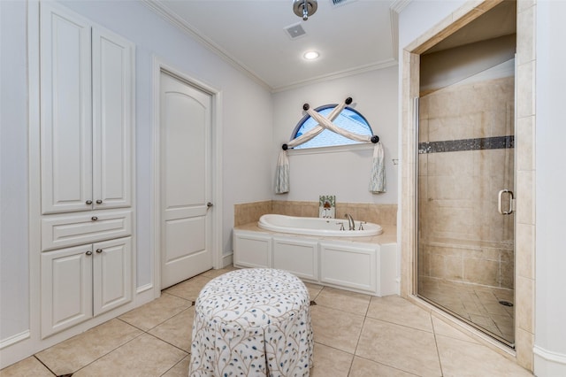 2458 W Creek Dr, Frisco, TX 75033 - full bathroom with a garden tub, a stall shower, tile patterned floors, crown molding, and recessed lighting