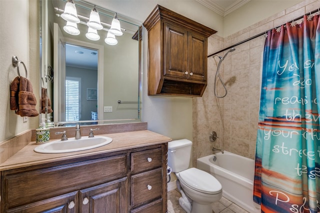 2458 W Creek Dr, Frisco, TX 75033 - bathroom featuring crown molding, vanity, shower / bath combo, toilet, and tile patterned flooring