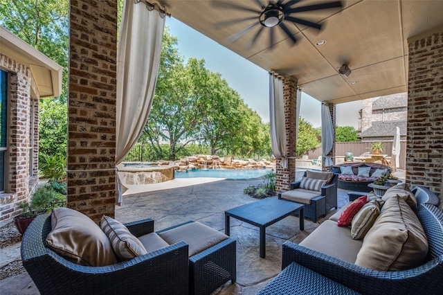 2458 W Creek Dr, Frisco, TX 75033 - fenced backyard with an outdoor living space, a pool with connected hot tub, a ceiling fan, and a patio