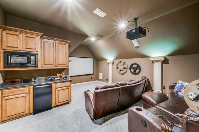2458 W Creek Dr, Frisco, TX 75033 - home theater room featuring decorative columns, light carpet, vaulted ceiling, and baseboards