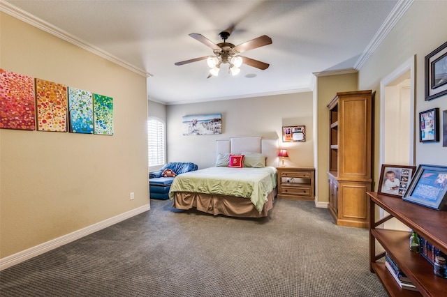 2458 W Creek Dr, Frisco, TX 75033 - bedroom featuring carpet floors, crown molding, baseboards, and ceiling fan