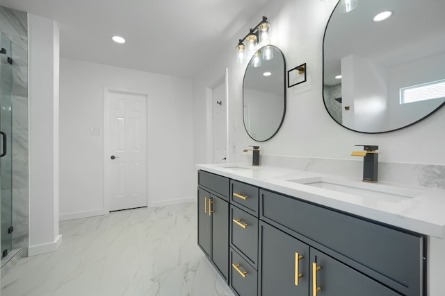 1722 Harvest Crossing Dr, Wylie, TX 75098 - full bathroom with marble finish floors, double vanity, a marble finish shower, baseboards, and recessed lighting