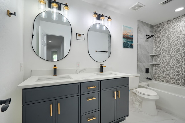 1722 Harvest Crossing Dr, Wylie, TX 75098 - full bathroom featuring double vanity, marble finish floors, toilet, and shower / tub combination