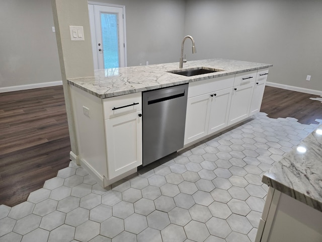 220 Bluebird Cir, Denton, TX 76209 - kitchen featuring dishwasher, a sink, light stone countertops, white cabinets, and dark wood-style flooring