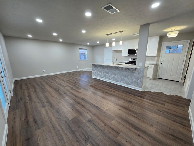 220 Bluebird Cir, Denton, TX 76209 - unfurnished living room with a sink, dark wood-style flooring, recessed lighting, and baseboards