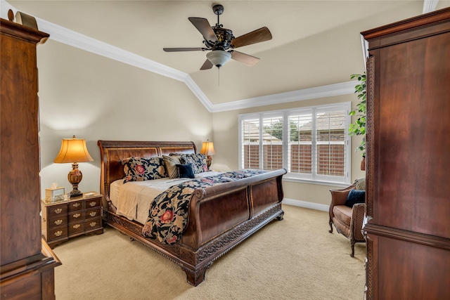 7100 King Ranch Rd, North Richland Hills, TX 76182 - bedroom with light carpet, ornamental molding, lofted ceiling, baseboards, and ceiling fan