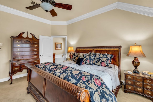 7100 King Ranch Rd, North Richland Hills, TX 76182 - bedroom with light carpet, baseboards, crown molding, and a ceiling fan