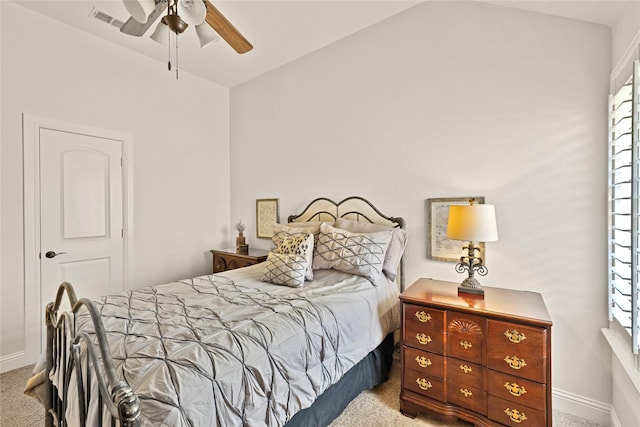 7100 King Ranch Rd, North Richland Hills, TX 76182 - bedroom featuring carpet, lofted ceiling, baseboards, and a ceiling fan