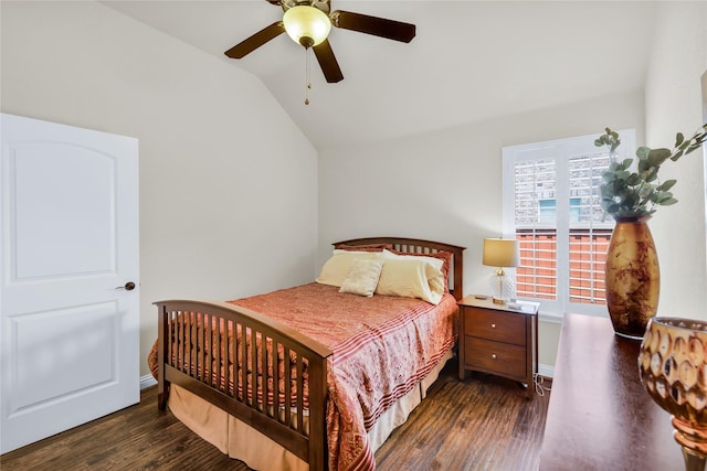 7100 King Ranch Rd, North Richland Hills, TX 76182 - bedroom featuring vaulted ceiling, wood finished floors, baseboards, and ceiling fan