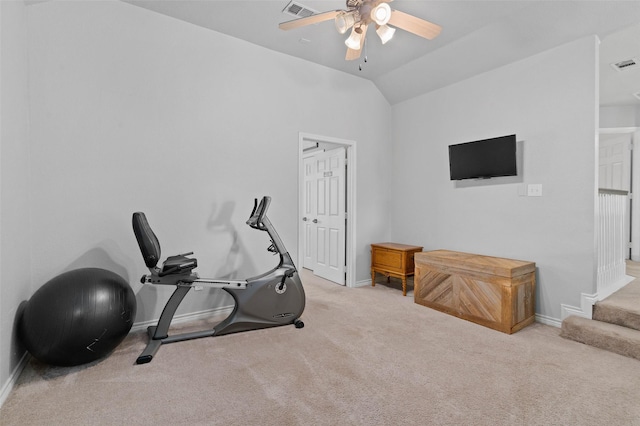 103 Daisey Ln, Justin, TX 76247 - workout area featuring carpet flooring, a ceiling fan, baseboards, and vaulted ceiling