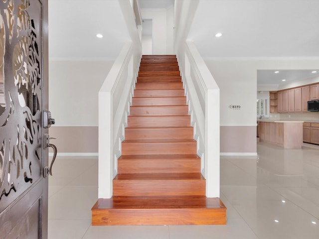710 Crows Pt, Lake Bridgeport, TX 76426 - stairs featuring crown molding and recessed lighting