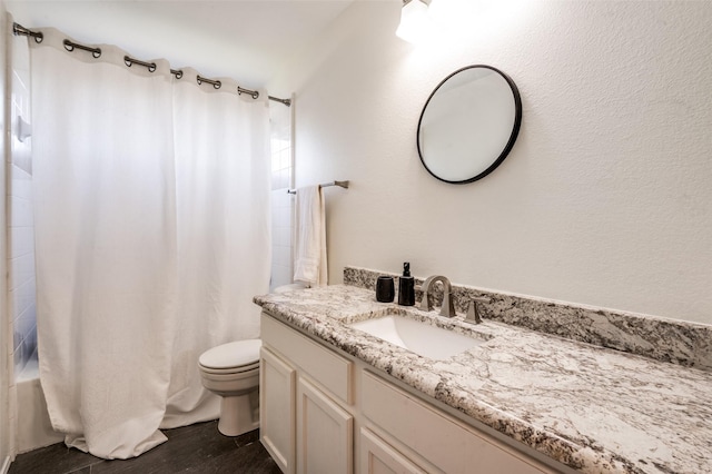 1531 Winding Trail Dr, Allen, TX 75002 - bathroom featuring toilet, vanity, shower / bathtub combination with curtain, and wood finished floors