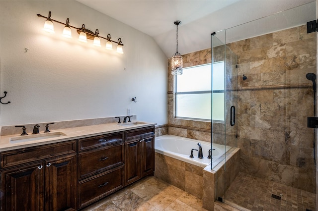 1531 Winding Trail Dr, Allen, TX 75002 - bathroom featuring a stall shower, a garden tub, double vanity, and vaulted ceiling