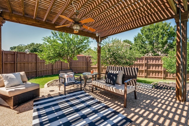 1531 Winding Trail Dr, Allen, TX 75002 - fenced backyard with an outdoor living space, a pergola, ceiling fan, and a patio