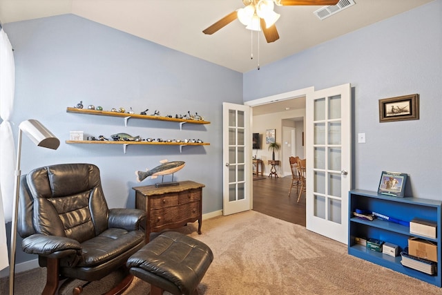 616 Forefront Ave, Celina, TX 75009 - living area with french doors, carpet flooring, ceiling fan, baseboards, and lofted ceiling